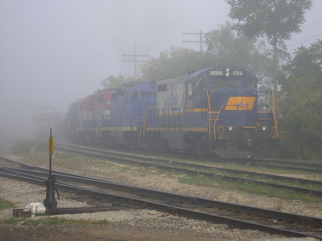 SOR #596 at Caledonia in the fog. Oct 2/05
1756  - 4205 - 5005 - 1755
GP7u  - GP9  - GP35 - GP 10

