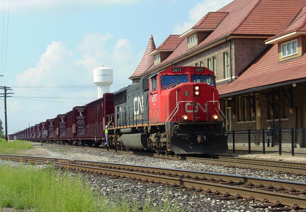 CN 5617 DUS
CN 5617 pulls a cut of stored centerbeam flats out of Durand Yard.  08/29/08
