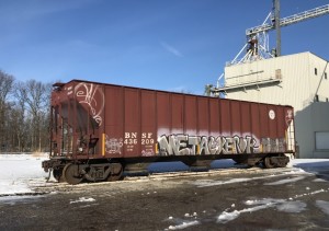 Back in Zeeland, sunlight catches BNSF covered hopper #436209 at Vanden Bosch Feed, the last carload delivered in 2019.