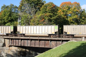 CPOX hopper cars crossing over the &quot;Doughnut&quot; C&amp;O bridge above E.N. Hines Drive/5 Mile Road at Middle River.